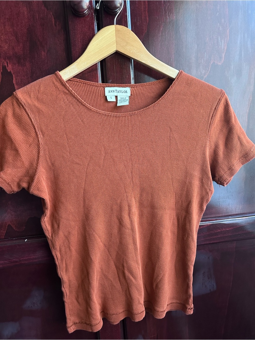 Vintage Minimalist Short Sleeve Ribbed Tee in Rust Orange 100% Cotton
